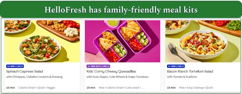 Image of 3 quick-prep options on the HelloFresh menu