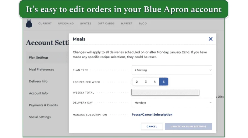 Blue Apron's account settings page with possible meal changes