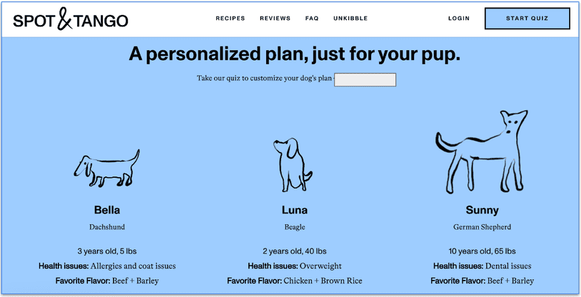 Screenshot of Spot & Tango’s website showing 3 plans for different breeds