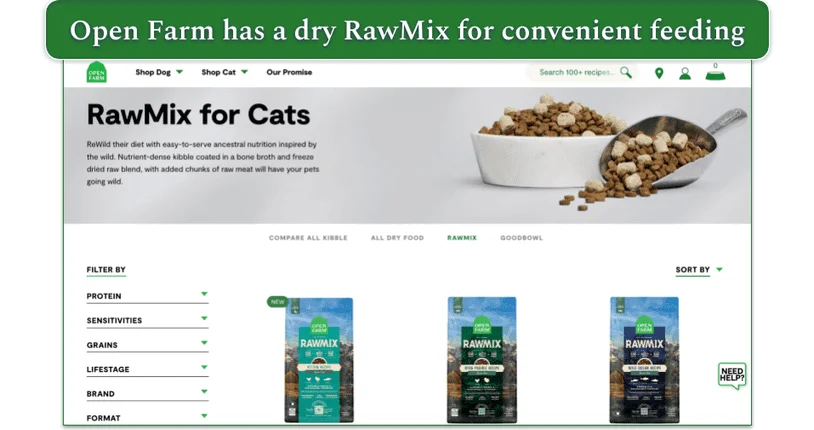 Screenshot of OpenFarm’s rawMix for Cats menu