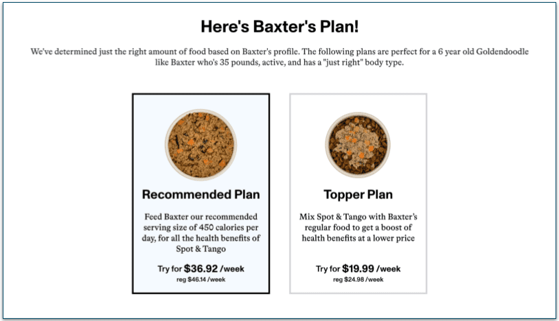 screenshot of Baxter's fresh and topper plan options with pricing