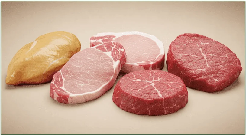 A chicken breast, two pork chops, and two beef round steaks on a table.