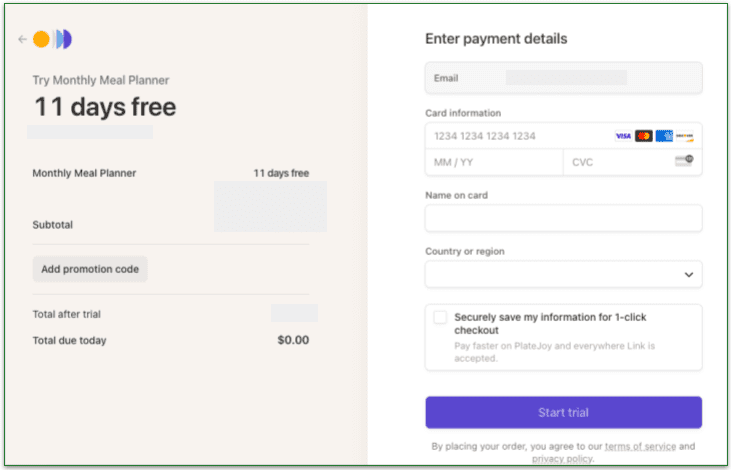 PlateJoy clearly shows charges and payment dates