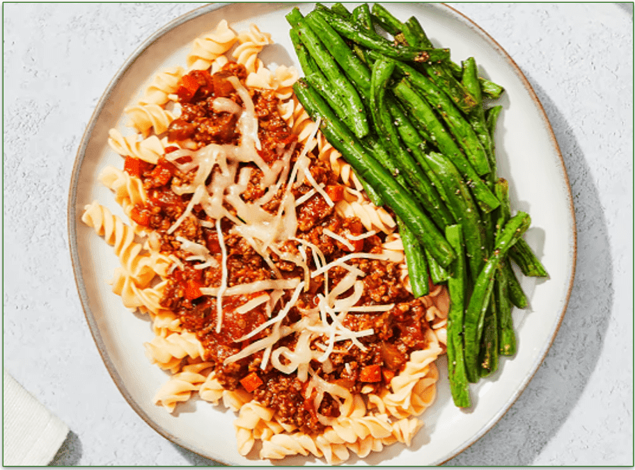 Factor's Fusili and Ground Pork Tomato Ragu with Roasted Green Beans