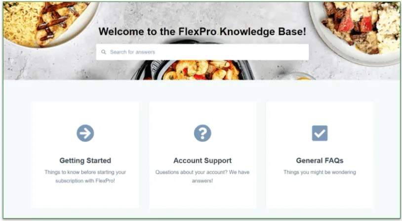FlexPro Meals' Knowledge Base page with FAQs