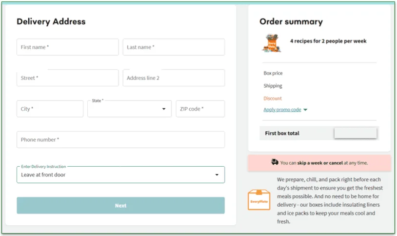 Screenshot of the address input page.