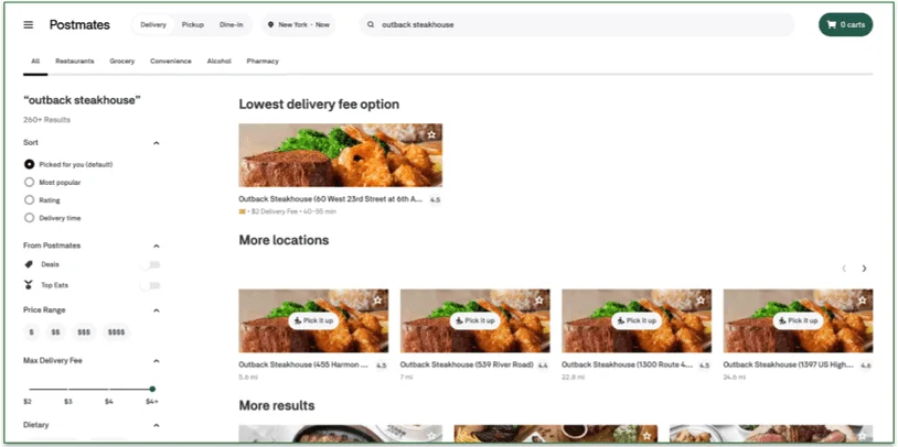 screenshot of selecting a Postmates merchant on the website