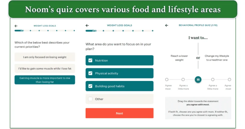 Screenshots from Noom's quiz