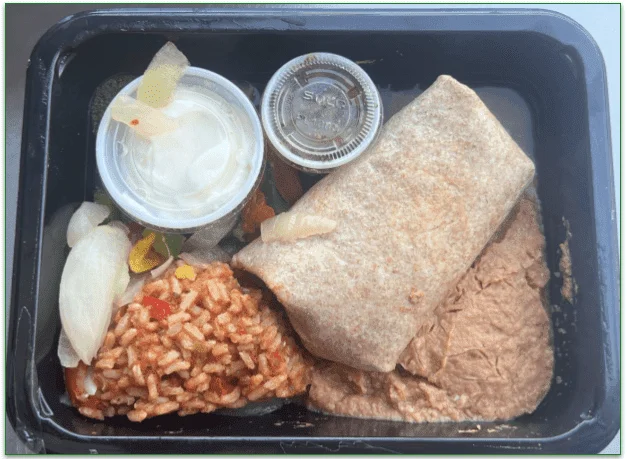 The contents of the Mexican-Style Turkey Burrito meal