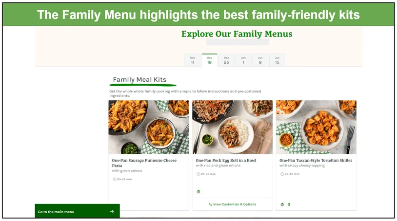 screenshot of Home Chef's Family Menu