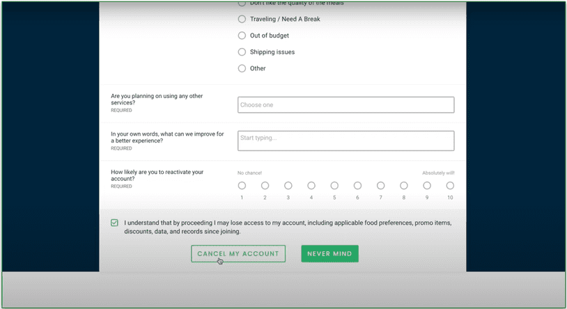 Fill out the survey and click Cancel My Account