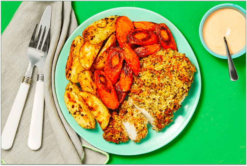 HelloFresh's Monterey Jack Un-Fried Chicken with Roasted Carrots, Potato Wedges & Sriracha Mayo