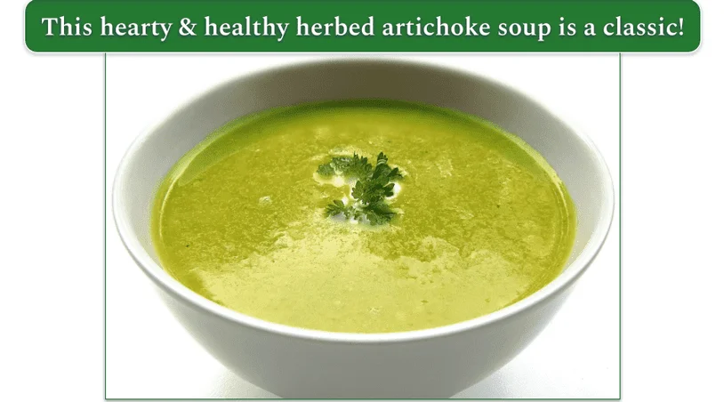 a bowl of artichoke soup with fresh herbs