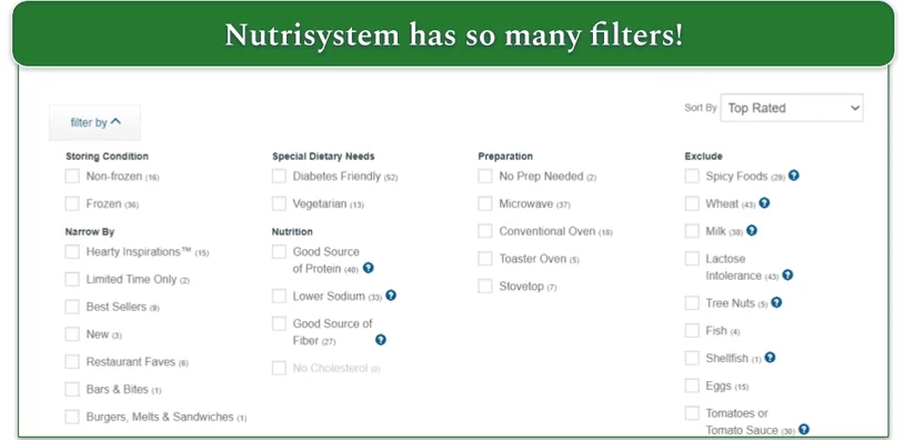 Screenshot of the filters on Nutrisystem's dinner menu