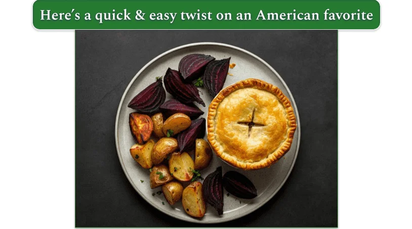 roasted beets and potatoes on a plate beside a single-serving chicken pot pie