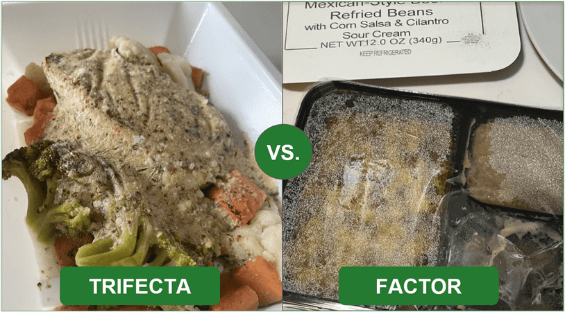 Comparison image of Trifecta and Factor's meals in microwaveable trays