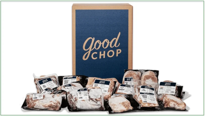 A Good Chop box and a selection of Good Chop meats and seafood