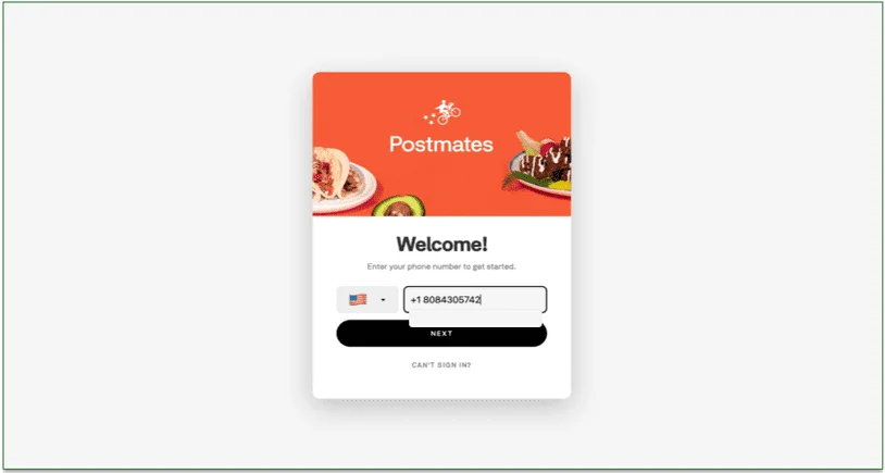 mobile screenshot of entering a phone number to open a Postmates account