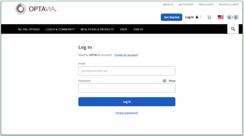 OPTAVIA's log in screen