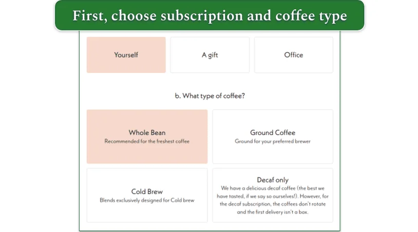 Screenshot of Driftaway Coffe's first steps in the subscription process