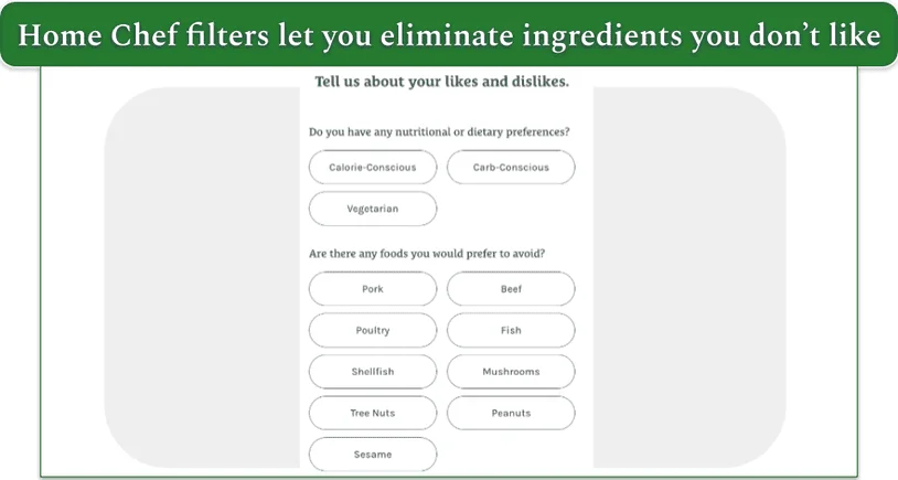 A screenshot of Home Chef's sign-up filters