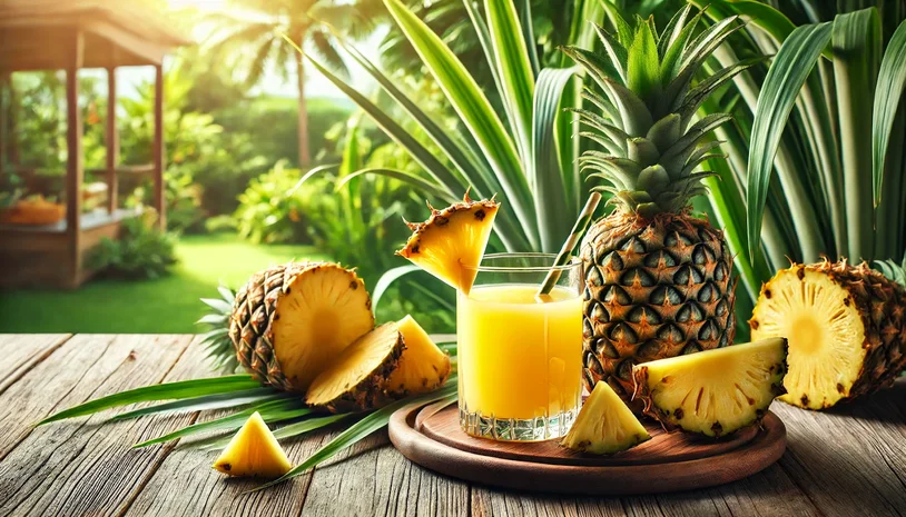 Pineapple juice in a glass next to fresh cut pineapples with a garden in the background
