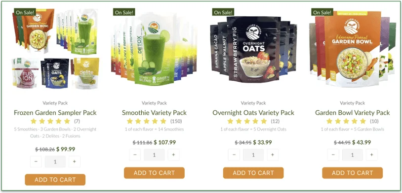 Screenshot of sale items on Frozen Garden's menu