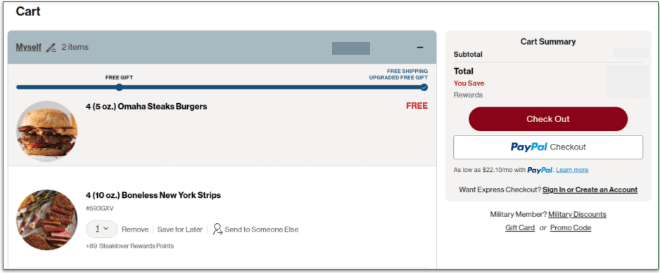 Shopping cart from Omaha Steaks