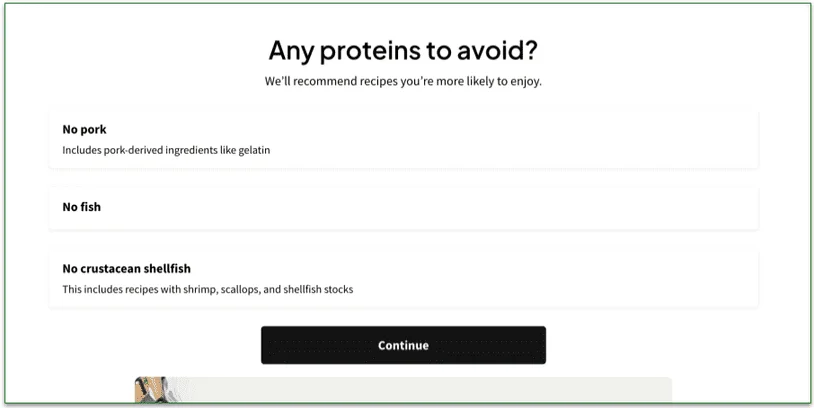 Screenshot of Factor sign up quiz - any proteins to avoid?