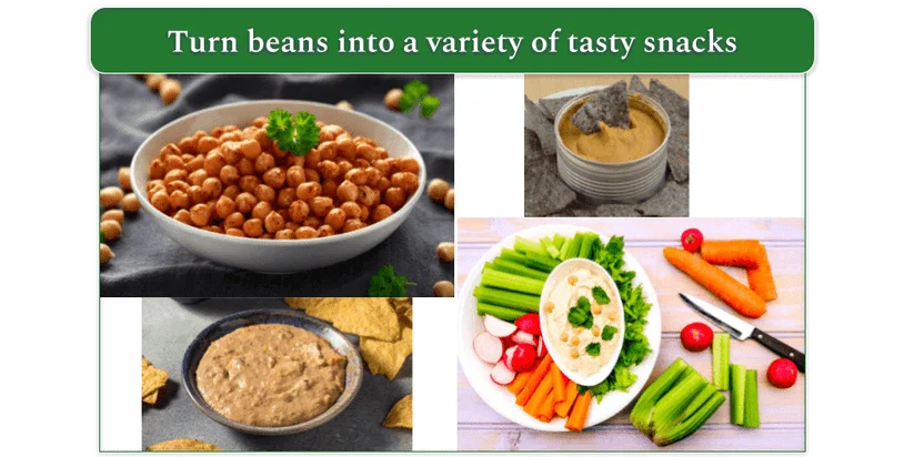 4 images of beans as a snack. Top left: Roasted chickpeas. top right: white bean dip. Bottom left: Refried bean dip. Bottom right: Hummus with veggie sticks