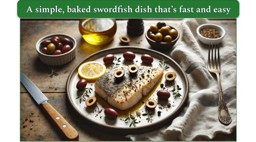 baked swordfish on a plate with olives around it