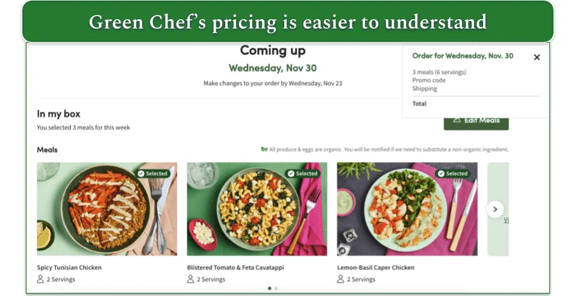 A screenshot of Green Chef's shopping cart