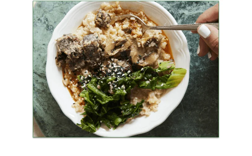 Chiyo's Mustard Greens, Shiitake & Tempeh Porridge dish
