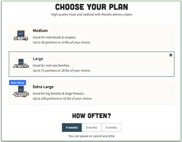 Good Chop's plan selection page