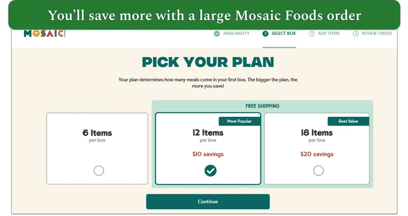 Screenshot of Mosaic Foods Pick your Plan screen