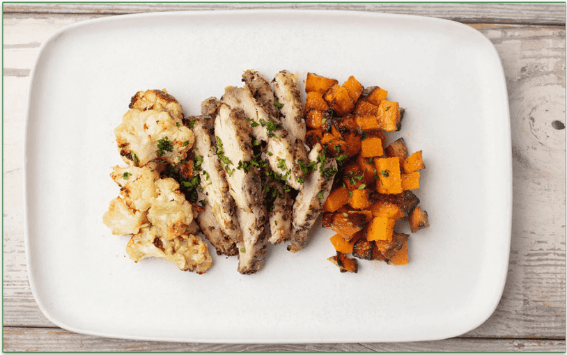 Pete’s Real Food recipe of Italian Chicken with Roasted Cauliflower and Butternut Squash