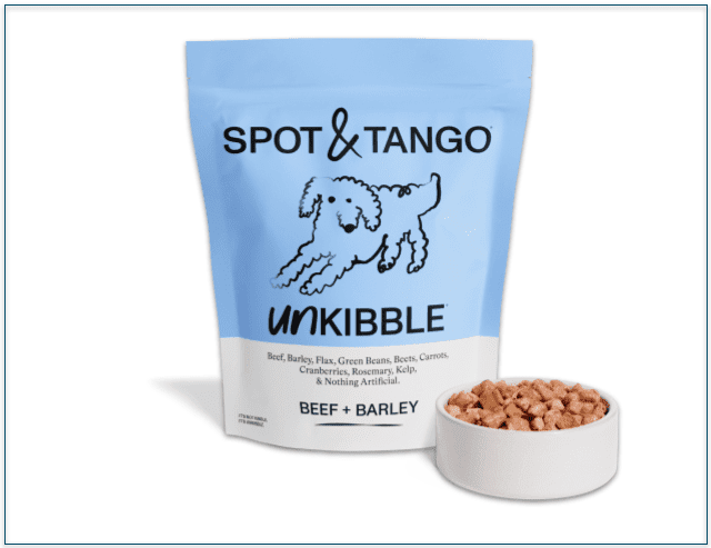 Spot & tango's Beef+ Barley Unkibble pack next to bowl