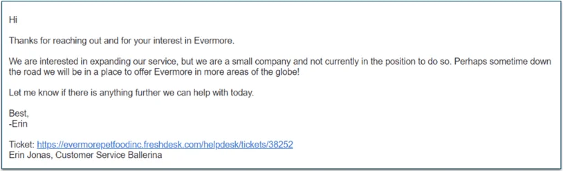 Response from Evermore's customer support