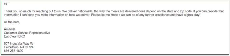 Email from Eat Clean Bro's customer service