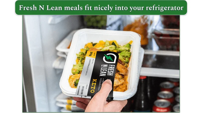 A photo of two Fresh N Lean meals going into a refrigerator.