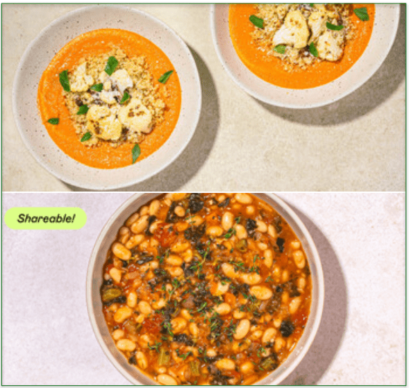 purple carrot's creamy tomato bisque with quinoa and parmesan roasted cauliflower