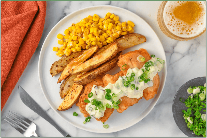 Home Chef's Fried Mahi-Mahi and Pickle Remoulade with Potato Wedges and Corn