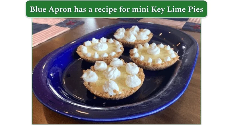 4 Mini key lime pies on a blue plate