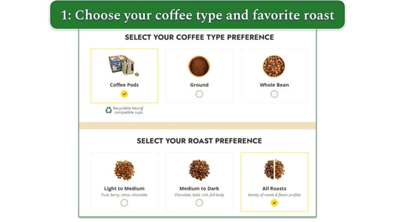 Screenshot of coffee type and roast preferences options during signup