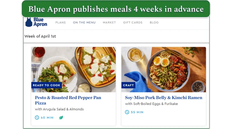 Blue Apron's Meal Kits 2 servings menu