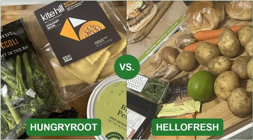 Ingredients of a Hungryroot meal kit compared with those of a HelloFresh meal kit