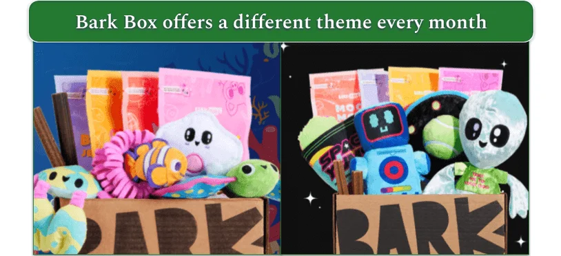 Two images of Bark Box boxes with monthly themes (Coral Ruff and Playlien)
