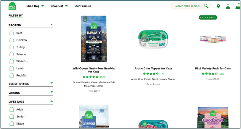 Open Farm’s menu has filters for life stage and protein