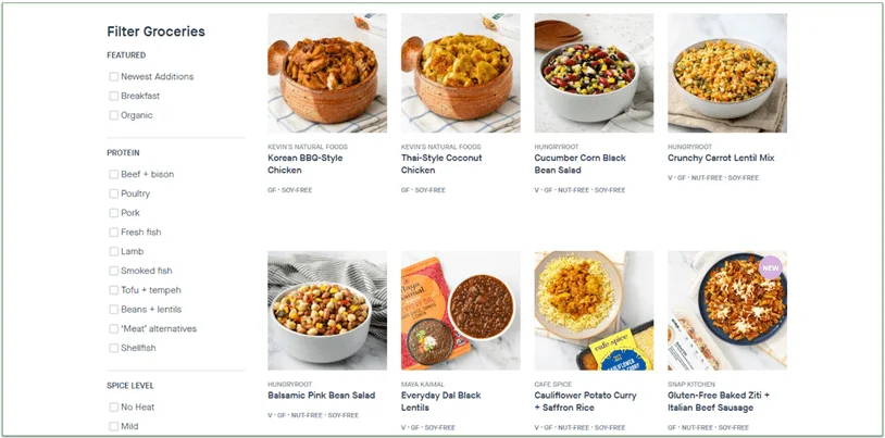 Screenshot of the Ready To Eat options on Hungryroot's grocery menu