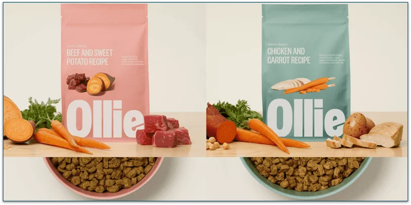 Side by side image of Ollie's baked recipes. Beef and Sweet Potato in a pink bag and Chicken and Carrot in a blue bag